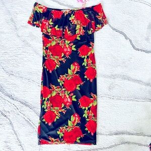 💕Pretty Rose Print Off-Shoulder Midi Dress SZ M